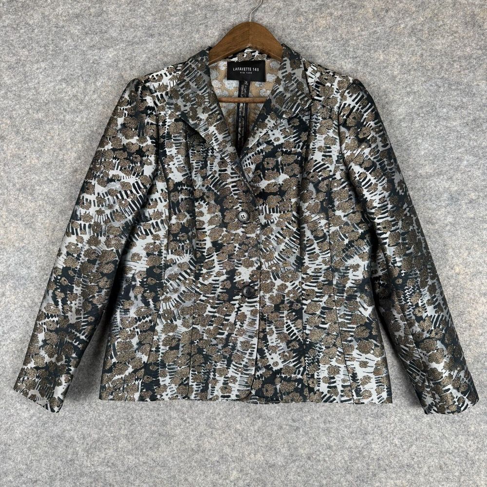 Lafayette 148 Blazer Jacket Womens 10 Shimmering Animal Print Gray Gold Designer